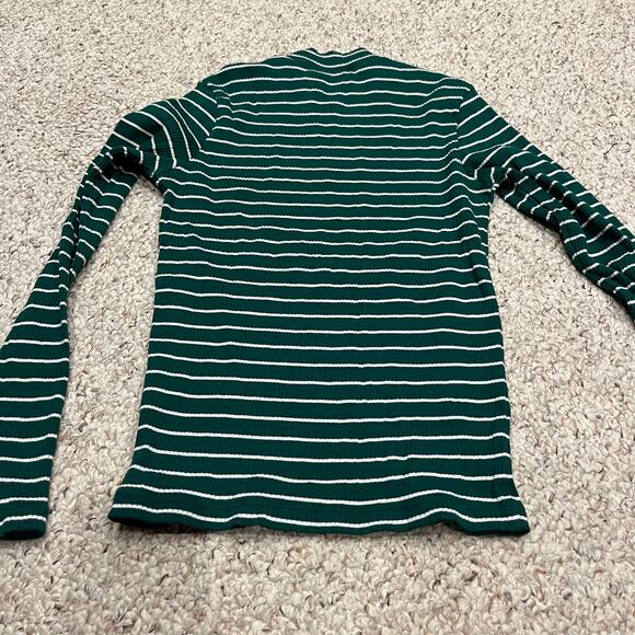 Uniqlo Ribbed Mock Neck Long Sleeve Tee Sz S Green White Stripe Holiday Casual - Picture 4 of 6